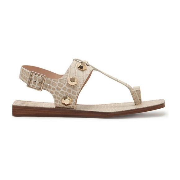 Vince Camuto Dailette Flat Sandal Size 8.5 Taupe Leather T-Strap Toe-Ring New - Picture 2 of 12